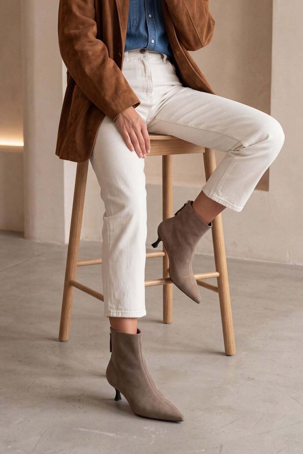 Women's Pointed Toe, Slim-Leg, High-Heeled, Zip-Up Boots in Derlis Taupe Color Suede