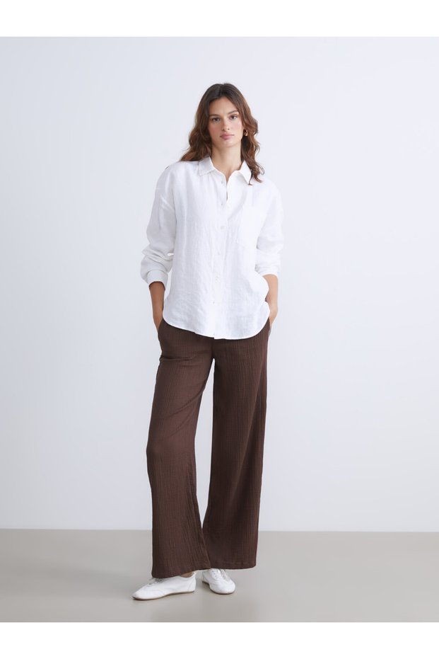 Plus-Size Textured Muslin Women's Pants with Waist Drawstring