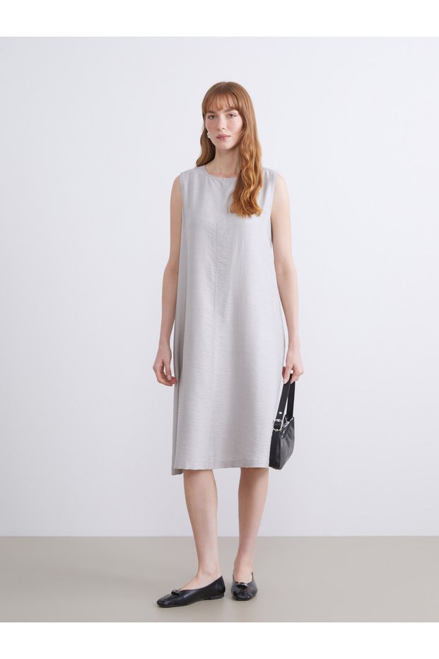 TWO MT SHOP QUALITY LCWAIKIKI Classic Gray Armure Fabric Solid Standard & Regular Oval-Neck Midi Dress