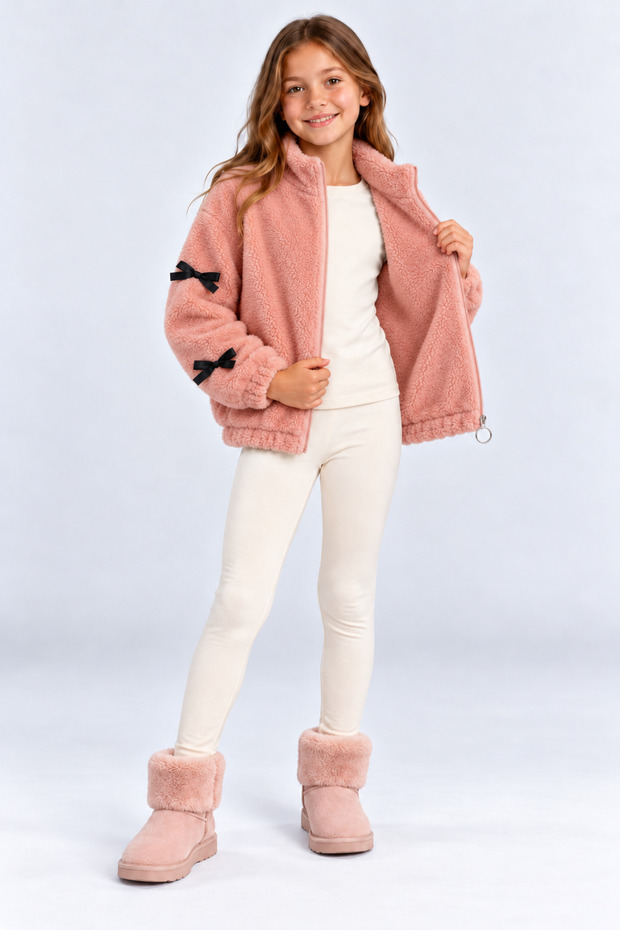 Girls' Plush, Heat-Retaining, With Bow Detail, Transitional Winter Cardigan Ak4180