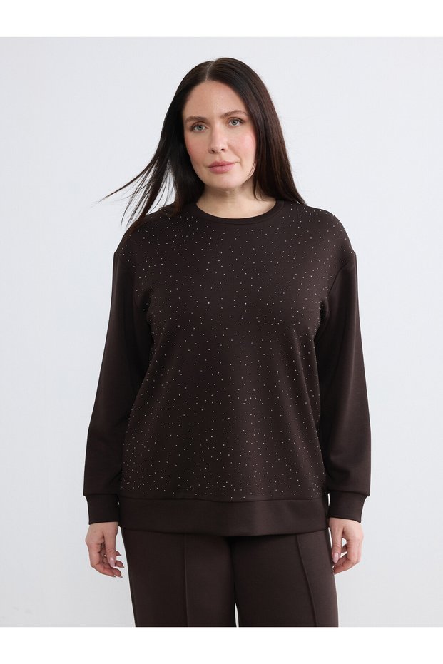 TWO MT SHOP QUALITY Soulife Brown Plus-Size Oval-Neck Rhinestone Women's Sweatshirt