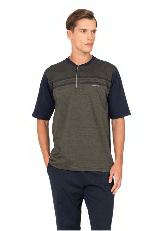 6133 Men's Khaki Short Sleeve Half Placket Jacquard 3-Piece Pajama Set