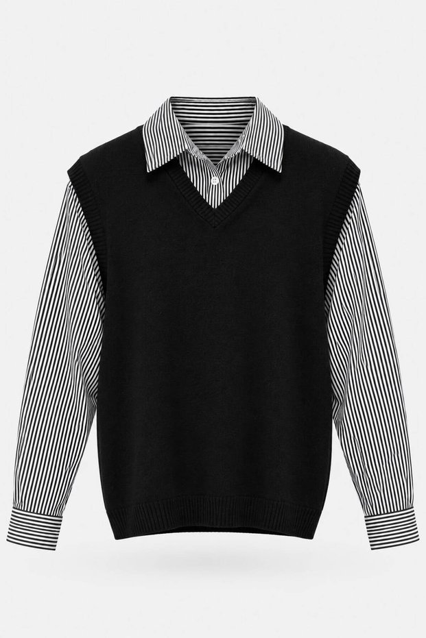 Women's Long-Sleeve Shirt-Shirt Collar Knit Sweater with a Shirt Lining, Black Sweater-Shirt