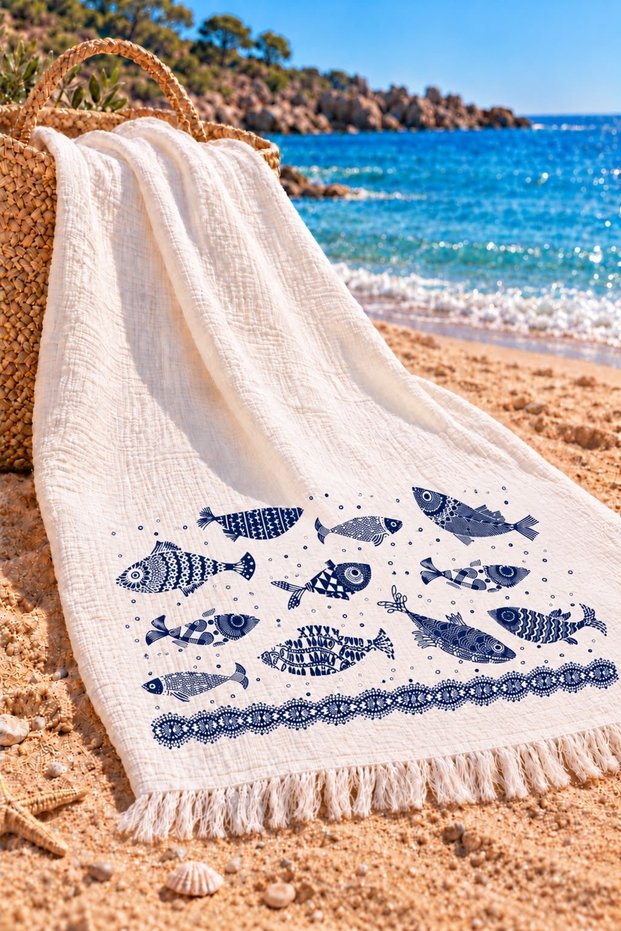 100% Cotton Printed Muslin Peştemal (Fish)
