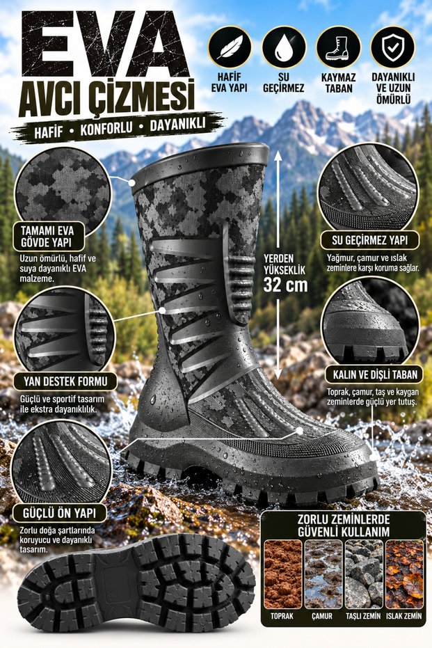 Eva Camouflage Hunting Boots Waterproof Lightweight Long-Heeled Rain Boots