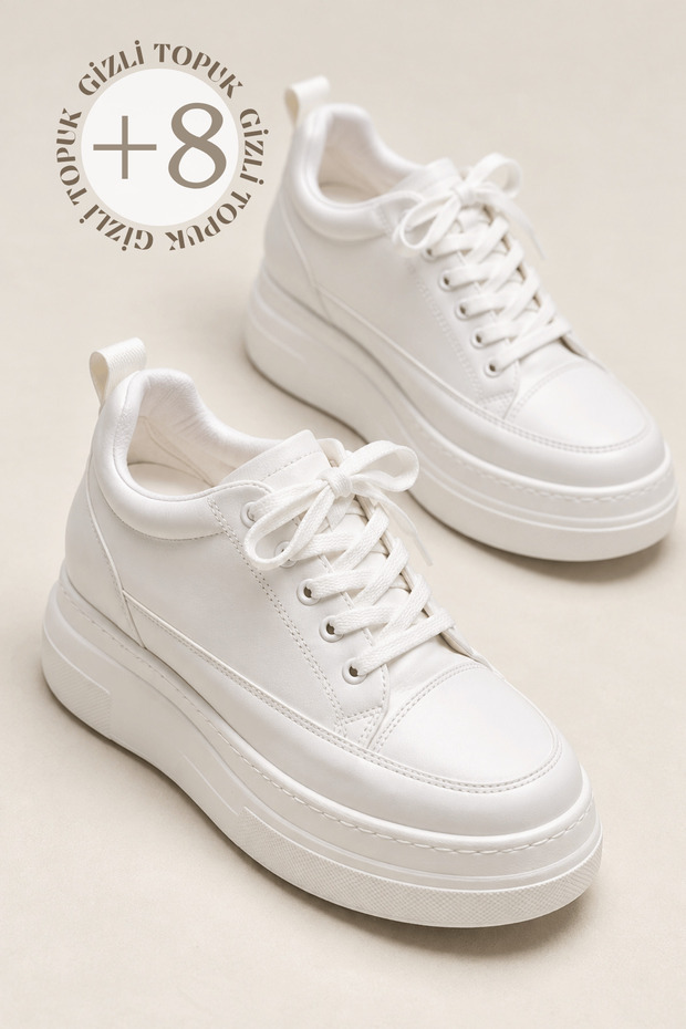 CloudLift Women's White Leather Sneakers with Hidden Heels—Casual, Comfortable Sneakers with an 8 cm Heel to Make You Look Taller