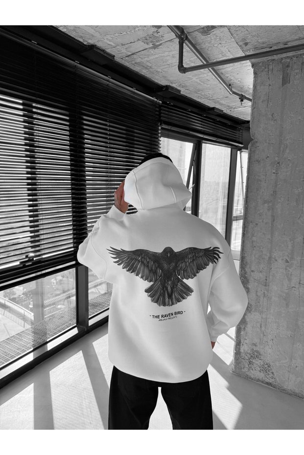 Unisex Oversize Raven Printed Premium Thick Hooded Sweatshirt Ecru