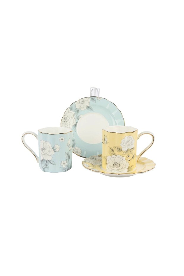 Pastel Yellow and Blue 2-Piece Porcelain Coffee Cup Set, 90 ml