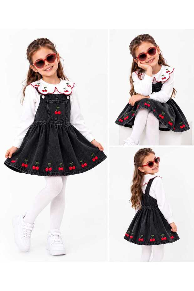 Girls' Denim Overalls Set with Cherry Embroidery, 2-Piece Set: White Blouse and Denim Overalls.