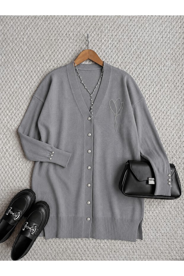 V-Neck Stone Collar Embroidered Knit Cardigan - 3260 - Cream (Ös)