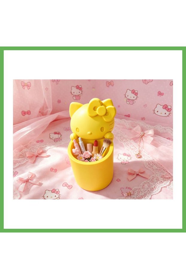3D Printed Pen Holder with a Cute Cat Figurine and Bow - Desktop Organizer - Yellow Gen01