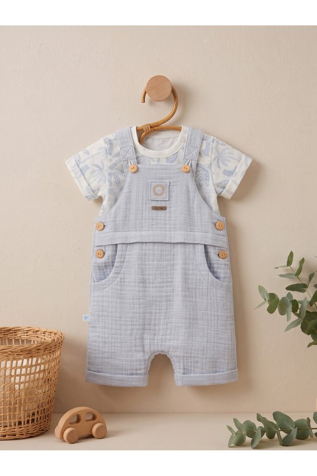 100% Cotton Baby Boy Set: Muslin Romper and Jersey T-Shirt, for Ages 3-18 Months.