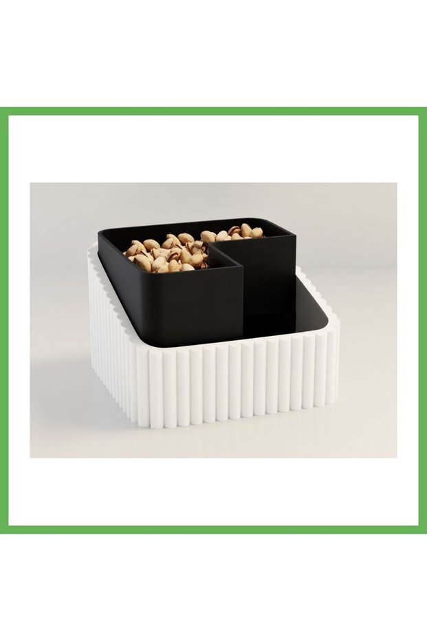 3D Printed Peanut Bowl - Double Compartment Shell Separator Serving Bowl - White Black Gen01