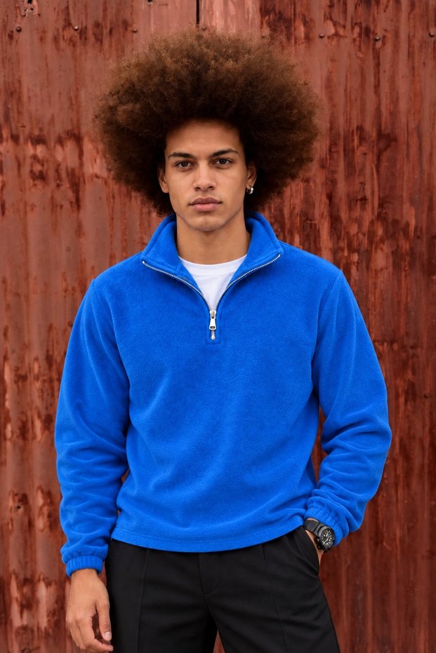 Men's Casual Blue Fleece Sweatshirt with Zipper Collar