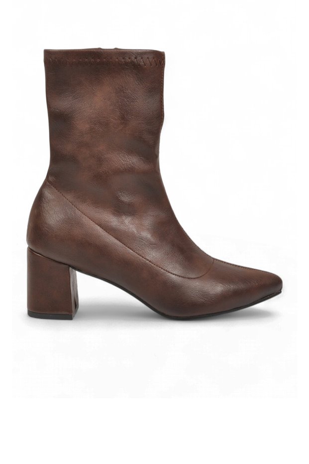Coffee-Colored Leather-Look Stretch Boots for Women with Zip-Up Boots, Fleece-Lined, Stylish Heeled Boots 291245