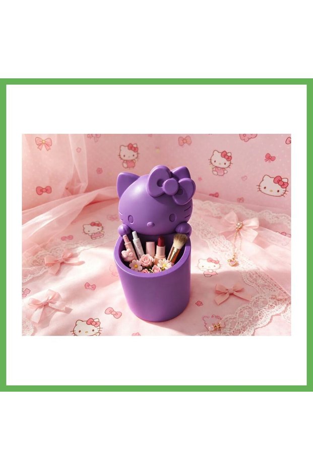 3D Printed Bow-Shaped Cute Cat Figurine Pen Holder - Desktop Organizer - Purple Gen01