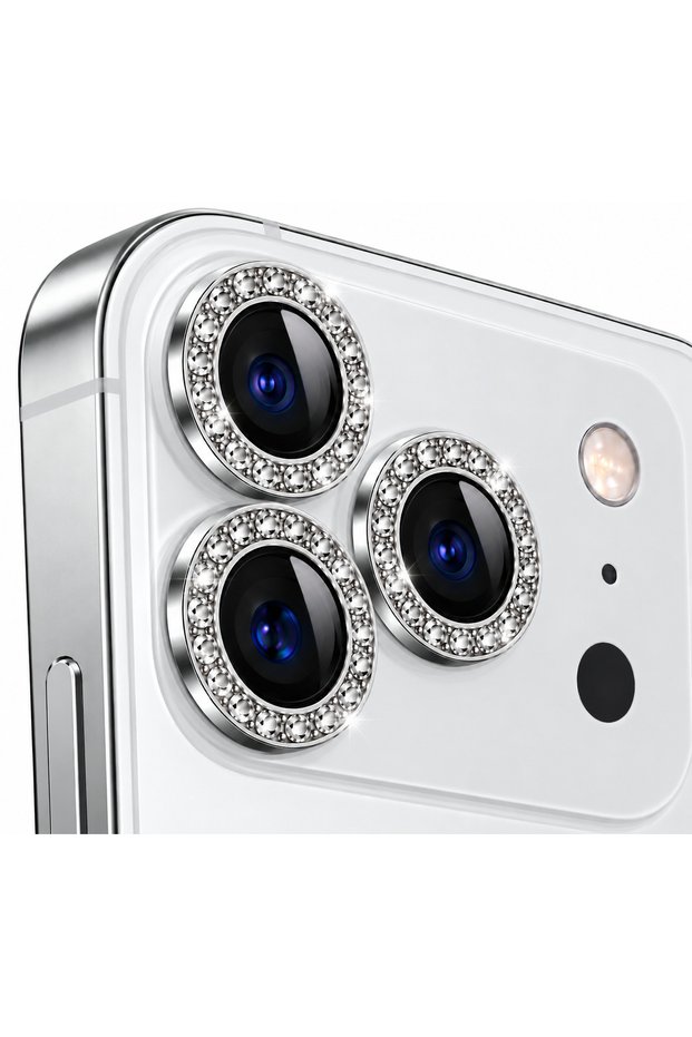 غطاء حماية لعدسة الكاميرا مرصع بالحجارة الفضية، متوافق مع هواتف iPhone 17 Pro / 17 Pro Max.