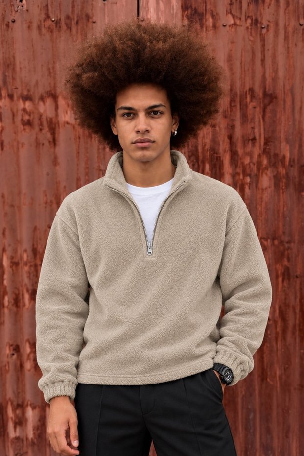 Men's Casual Beige Fleece Sweatshirt with Zipper Collar and Polo Collar