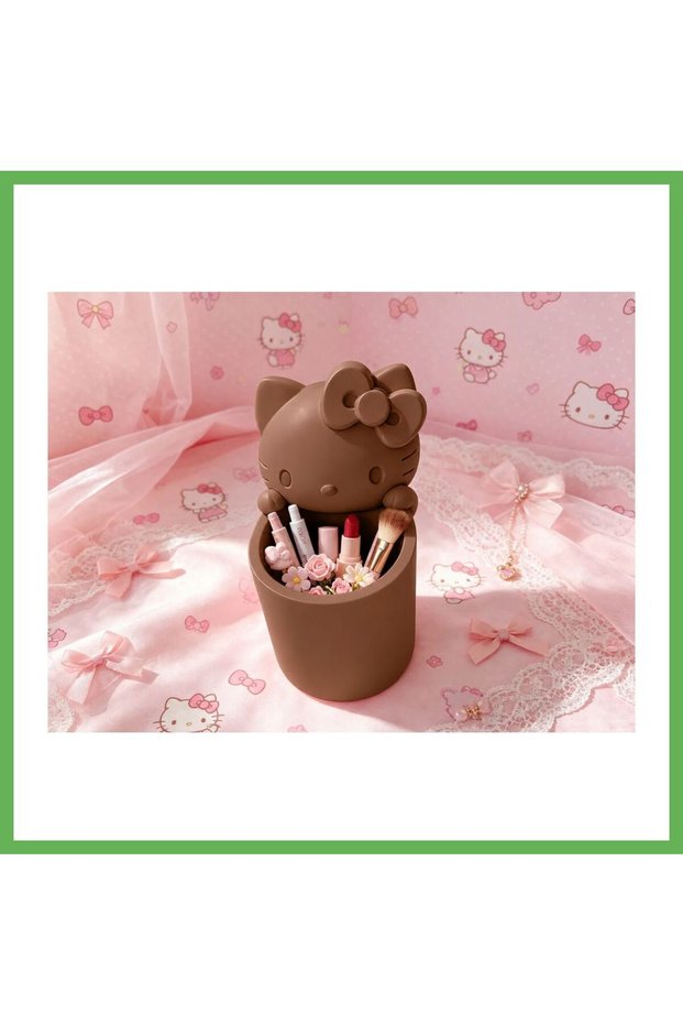 3D-Printed Pencil Holder with a Cute Cat Figure and Bow Detail - Desktop Organizer - Brown GEN01