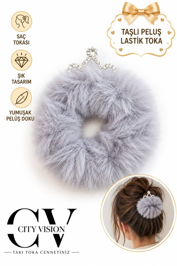 Studded Plush Gray Hair Clip