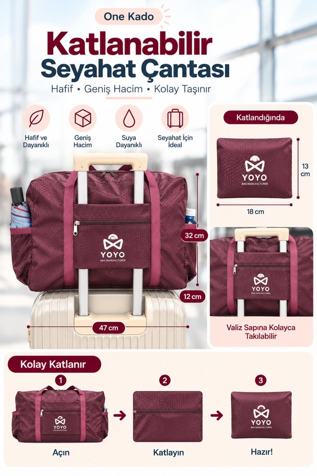 One Kado Foldable Travel Bag, Large Bag 47x32x12 cm, Water-Repellent, Carry-On Bag