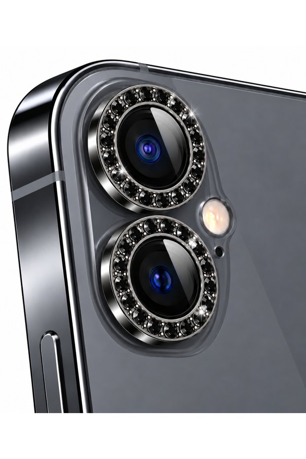 غطاء حماية لعدسة الكاميرا لهاتف iPhone 16، باللون الأسود، مزين بالكريستالات.