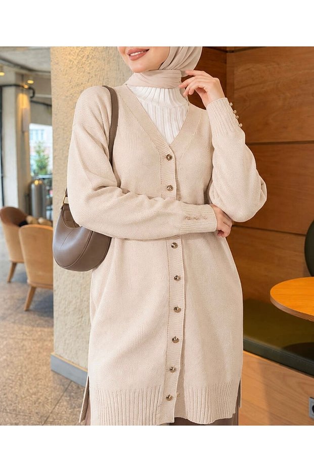Knit Cardigan with Sleeve Details - 3176 - Cream