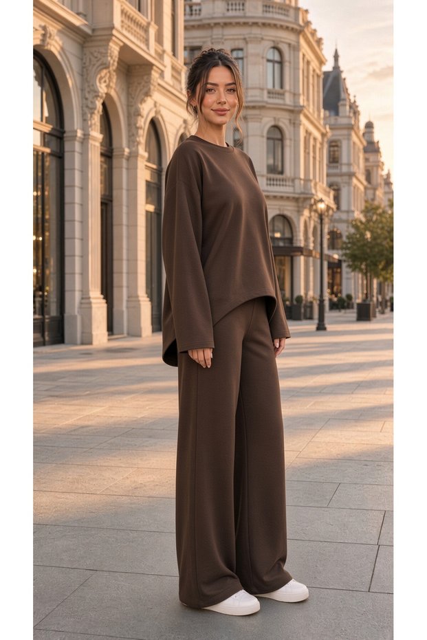 Women's Brioche Knit Oval-Cut Relaxed-Fit Top and Bottom Set