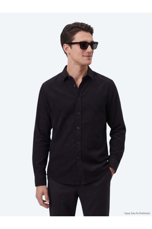 Black Solid Regular Fit Long-Sleeve Woven Casual 100% Cotton Shirt 10161122-100
