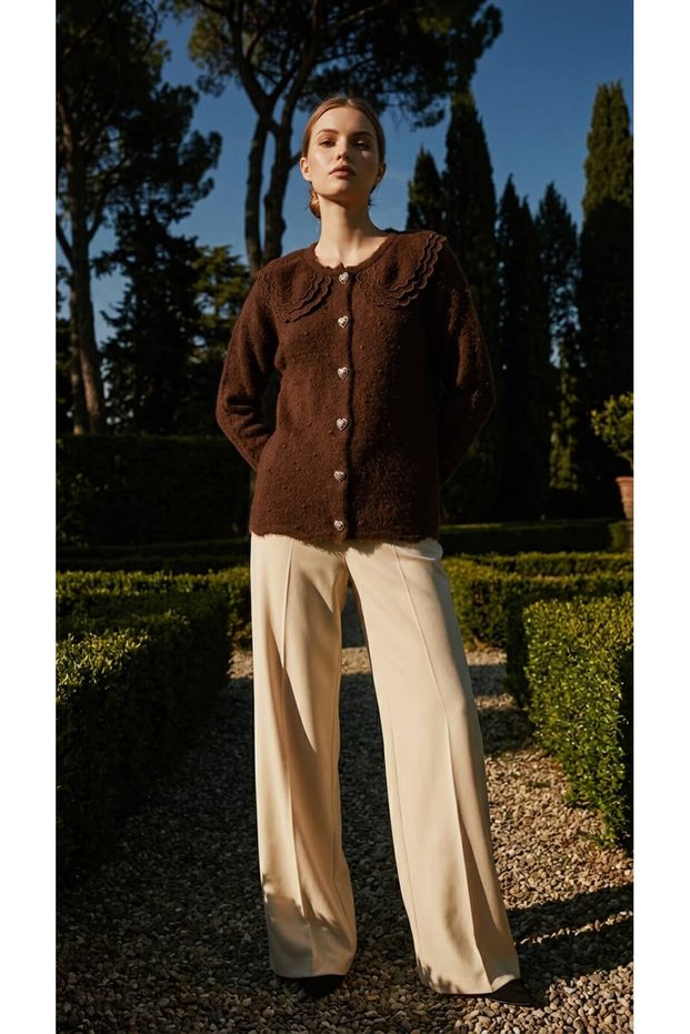 MODAL LACE COLLAR, BEJEWELED BUTTONS, STYLISH SOFT CARDIGAN (65 CM)