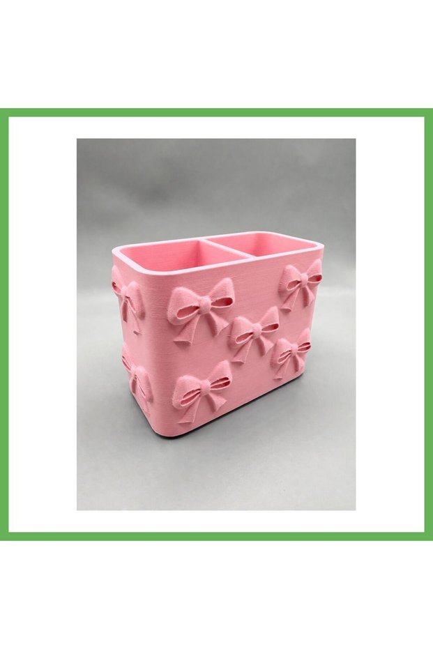 3D-Printed Bow Detail-Patterned Compartmentalized Pencil Holder - Desktop Organizer - Pink GEN01