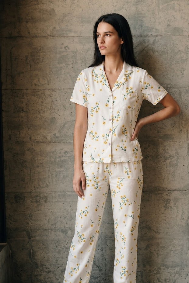 V-Neck Buttoned Casual Multi-Color Pajama Set