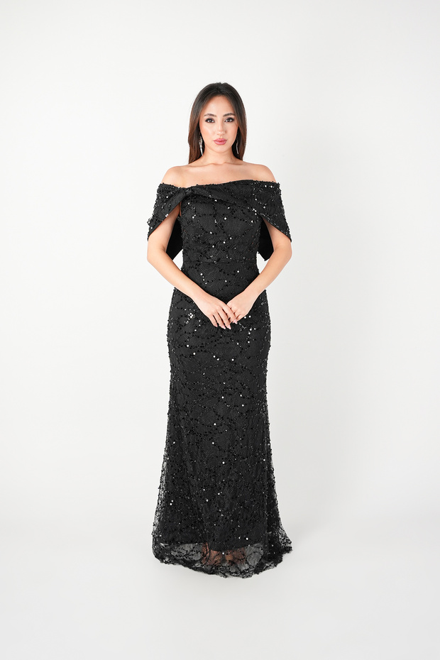 Beaded Lace Fabric Boat Neck Evening Dress - Black