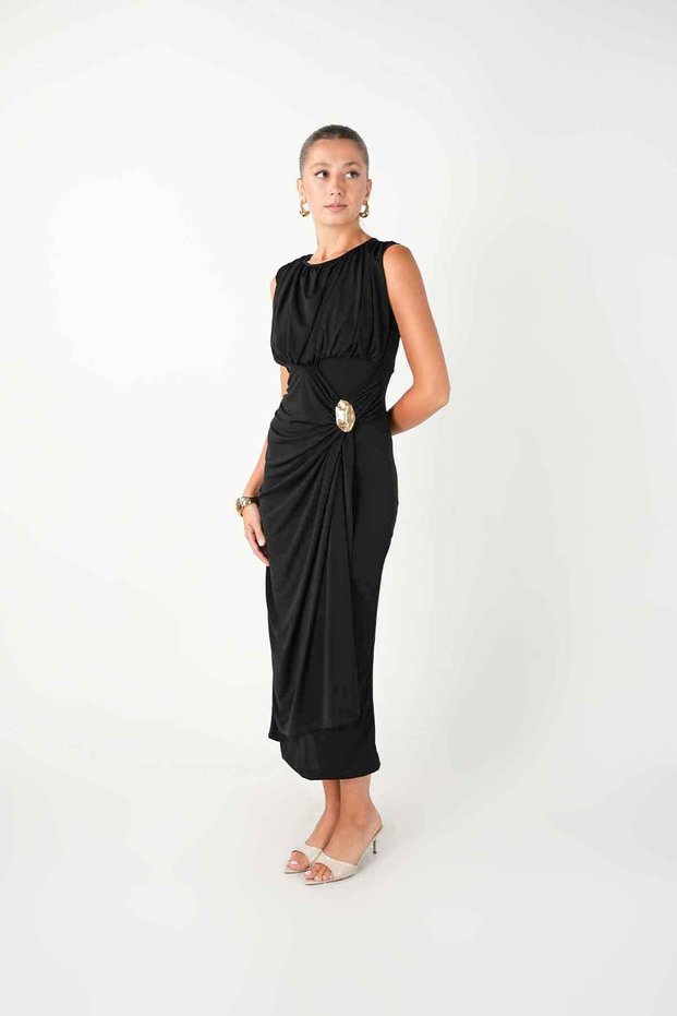 Sandy Fabric Dress with Drawstring Detail - Black