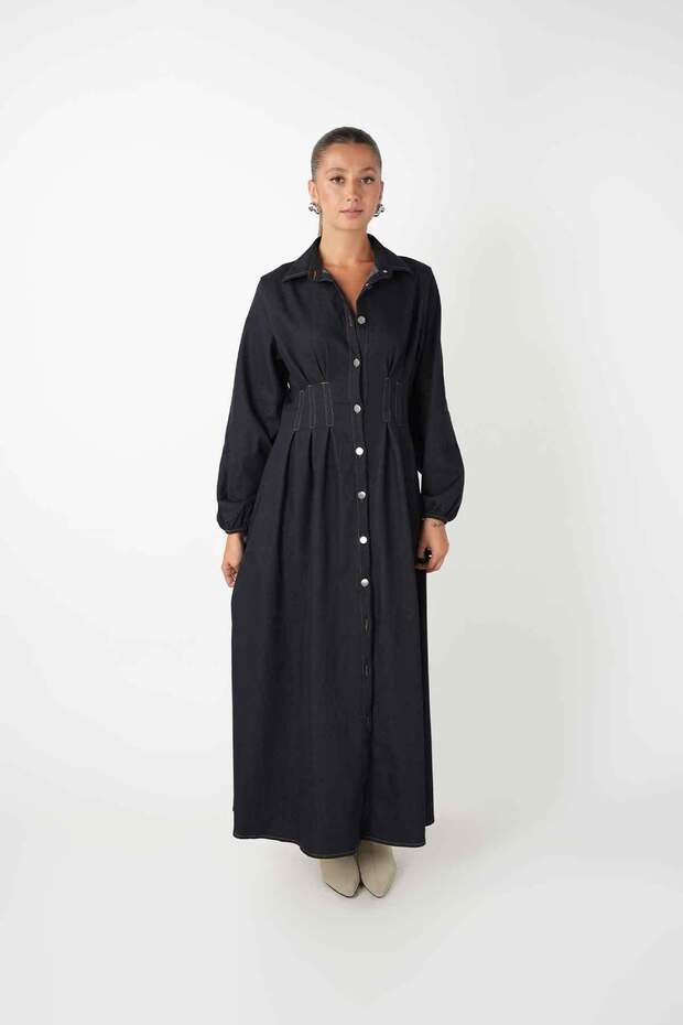 Modal Fabric Buttoned Dress - Dark Blue