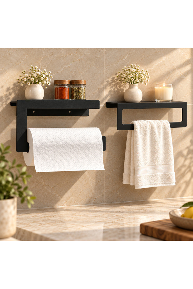 Black Metal Wall-Mounted Towel Rack and Tissue Holder – Modern and Durable 2-Piece Set: Kitchen Organizer, Bathroom Organizer