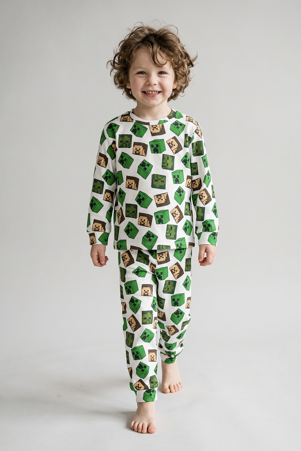 Boys' White Pajama Set with Computer Game Print