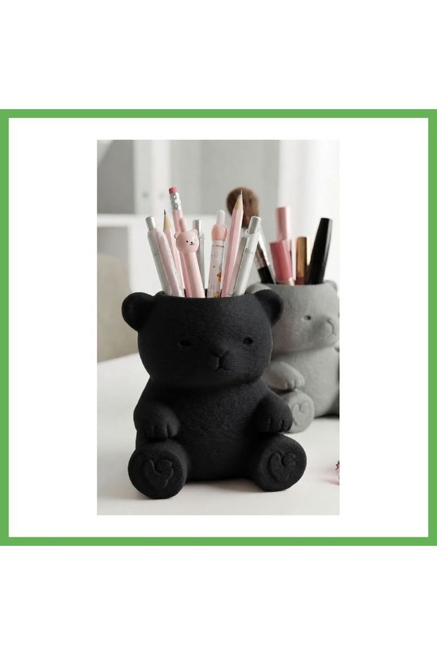 3D-Printed Cute Teddy Bear Print Pencil Holder - Desktop Organizer - Black GEN01