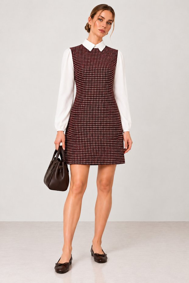 Women's White Shirt with Burgundy Pattern, Shirt Collar, Long-Sleeved Mini Dress, Stylish -