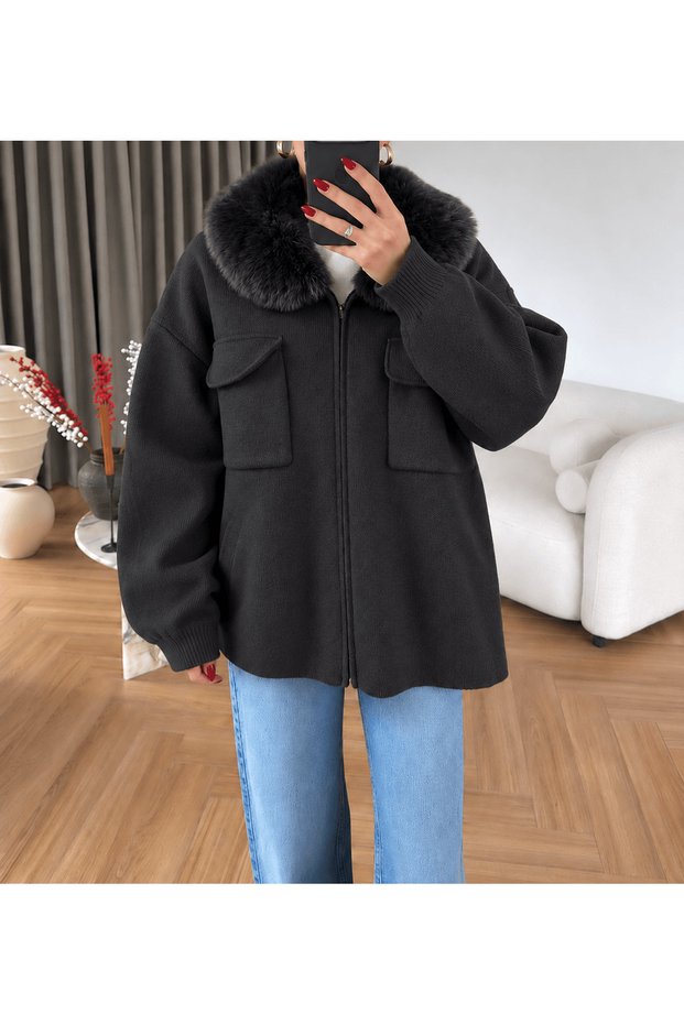 Fur-Trimmed Zippered Knit Jacket - 8702 - Black (ÖS)