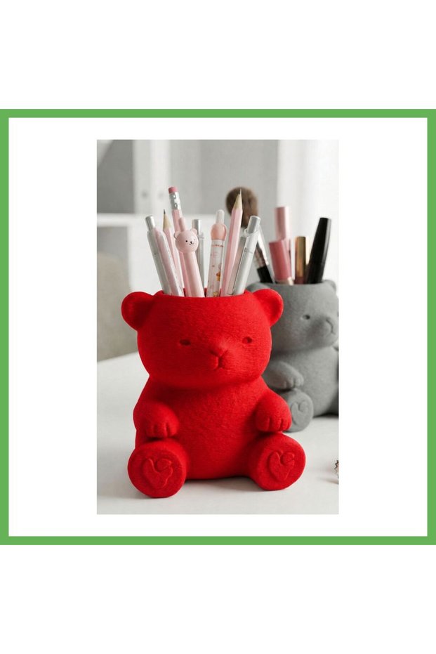 3D-Printed Cute Teddy Bear Pencil Holder - Desktop Organizer - Red GEN01