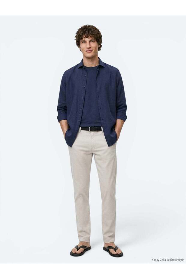 Navy Solid Regular Fit Long-Sleeve Plain Weave Casual Cotton Blend Shirt 10161121-200
