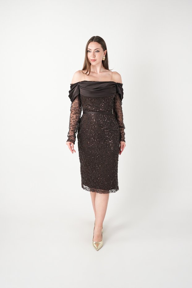 Full Beaded Fabric Satin Degaje Collar Pencil Dress - Brown