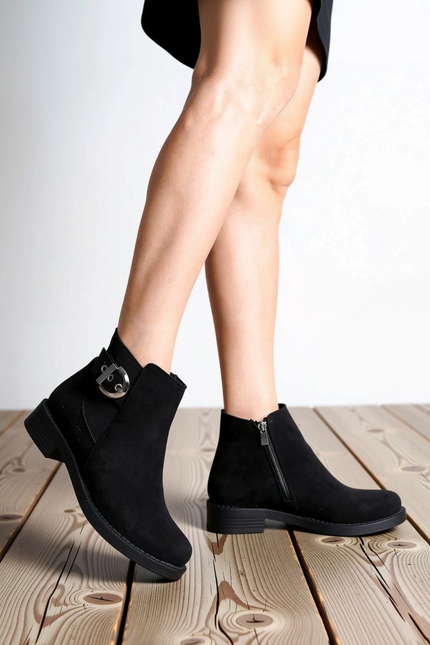 Women's Suede Zip-Up Boots with Buckle and Orthopedic Sole, Non-Slip Sole, Low Heel, Casual, Modern