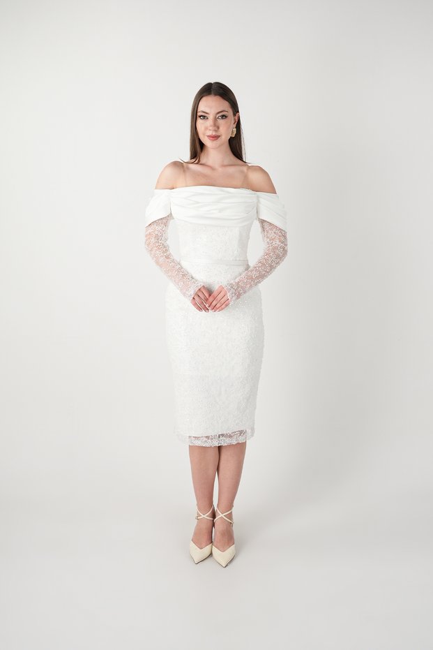 Full Beaded Fabric Satin Degaje Collar Pencil Dress - White