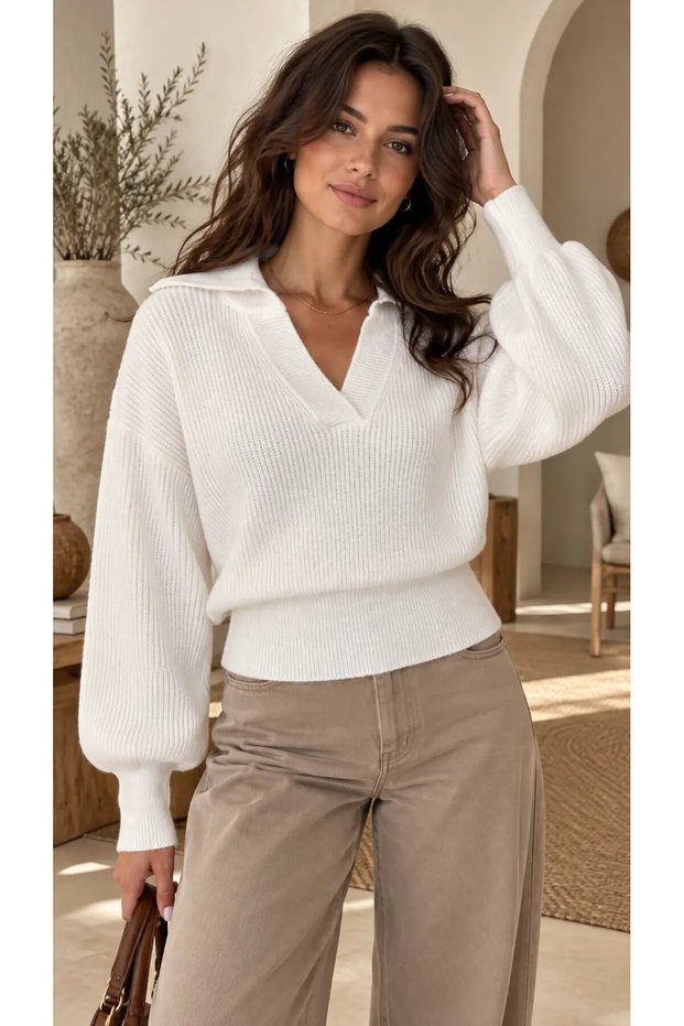 Women's Polo Collar Puff-Sleeve Corded Fabric Knit Sweater 8756Sw
