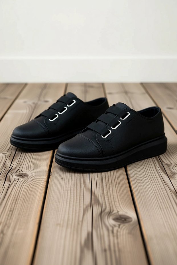 Men's Daily Leather-Look Athletic Sneakers with Elastic Straps, Thick Soles, Comfortable and Relaxed