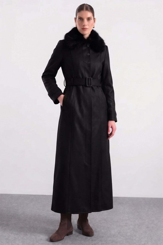 Detachable Fur-Trimmed Belted Gabardine Suede Trench Coat BLACK 6924