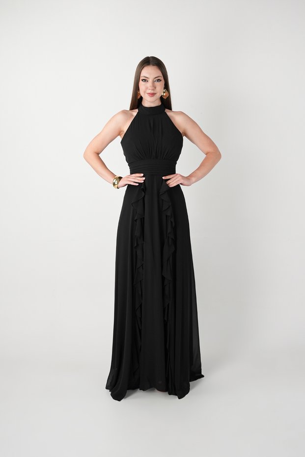 Chiffon Fabric Halter Neck Dress with Flounce Detail - Black