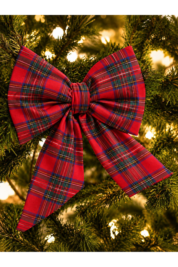 Mini Plaid Fabric Bow Detail Christmas Tree Ornament Decorative Ribbon Christmas and New Year's Decoration 16 cm